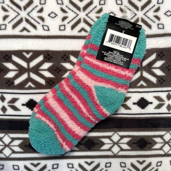 fuzzy striped ankle socks pink and teal - Picture 2 of 4